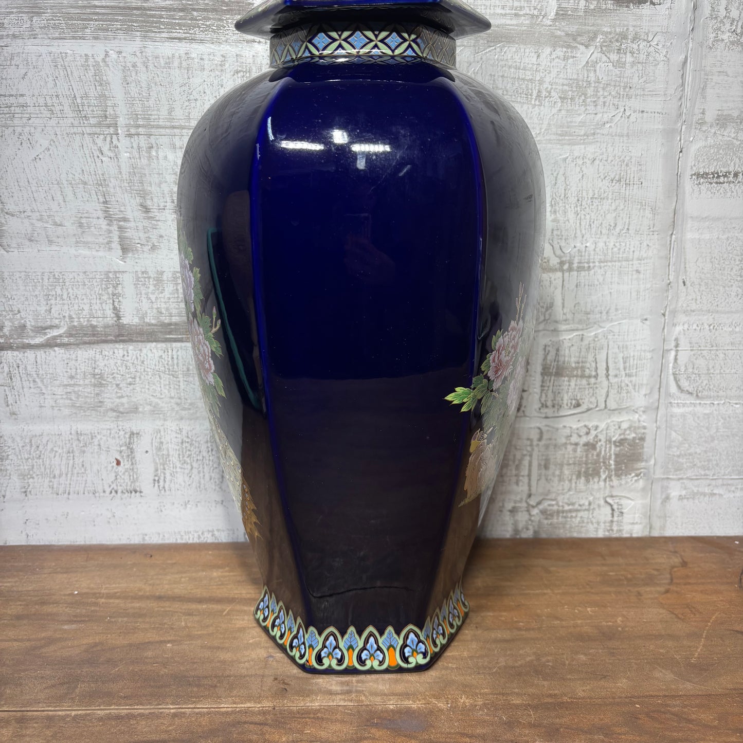 Vintage Japanese Peacock Design Cobalt Blue Vase With Lid