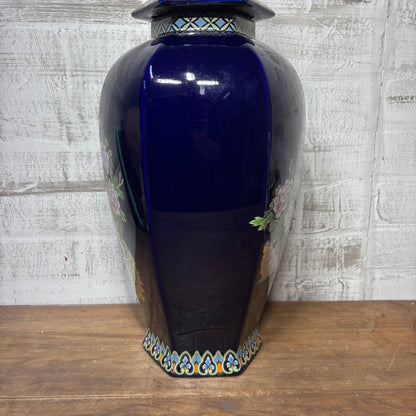 Vintage Japanese Peacock Design Cobalt Blue Vase With Lid