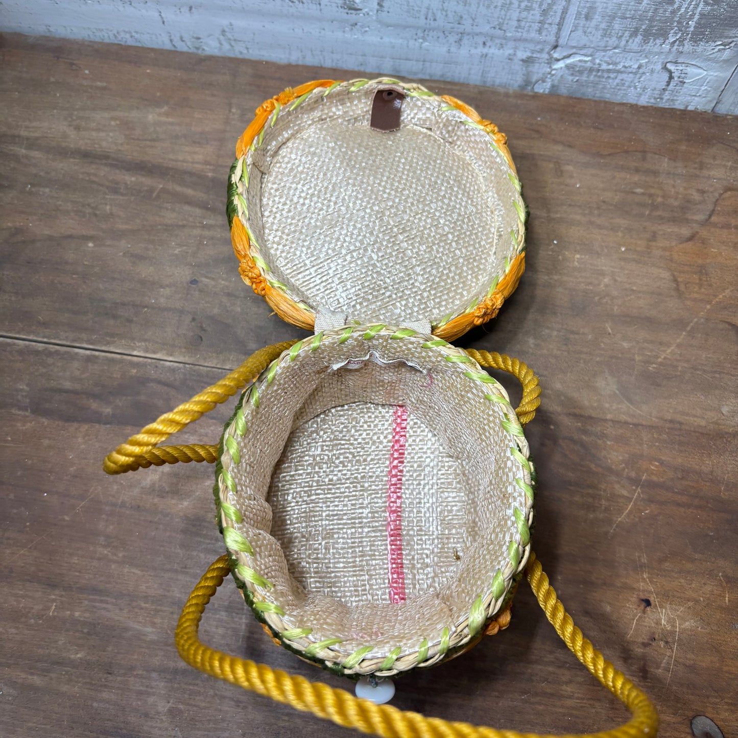 Vintage Orange Flower Raffia Straw Tote Cabana Bag