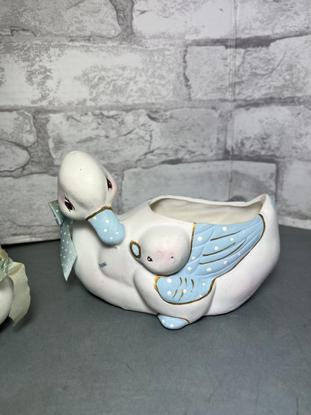 Vintage White & Blue Duck Ceramic Figurine