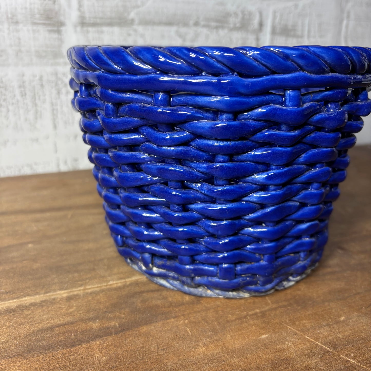 Cobalt Blue Woven Wicker Ceramic Planter