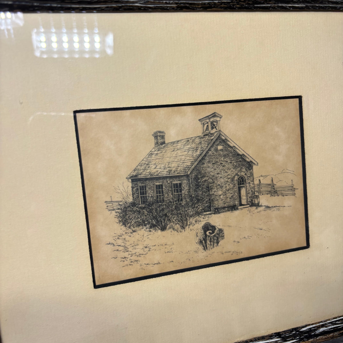 Vintage Schoolhouse Etching By Fine Art Imports Matted Framed Art