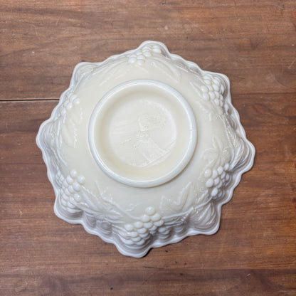 Vintage Imperial Custard Milk Glass Ruffled Crimped Edge Grape & Leaf Pattern Bowl