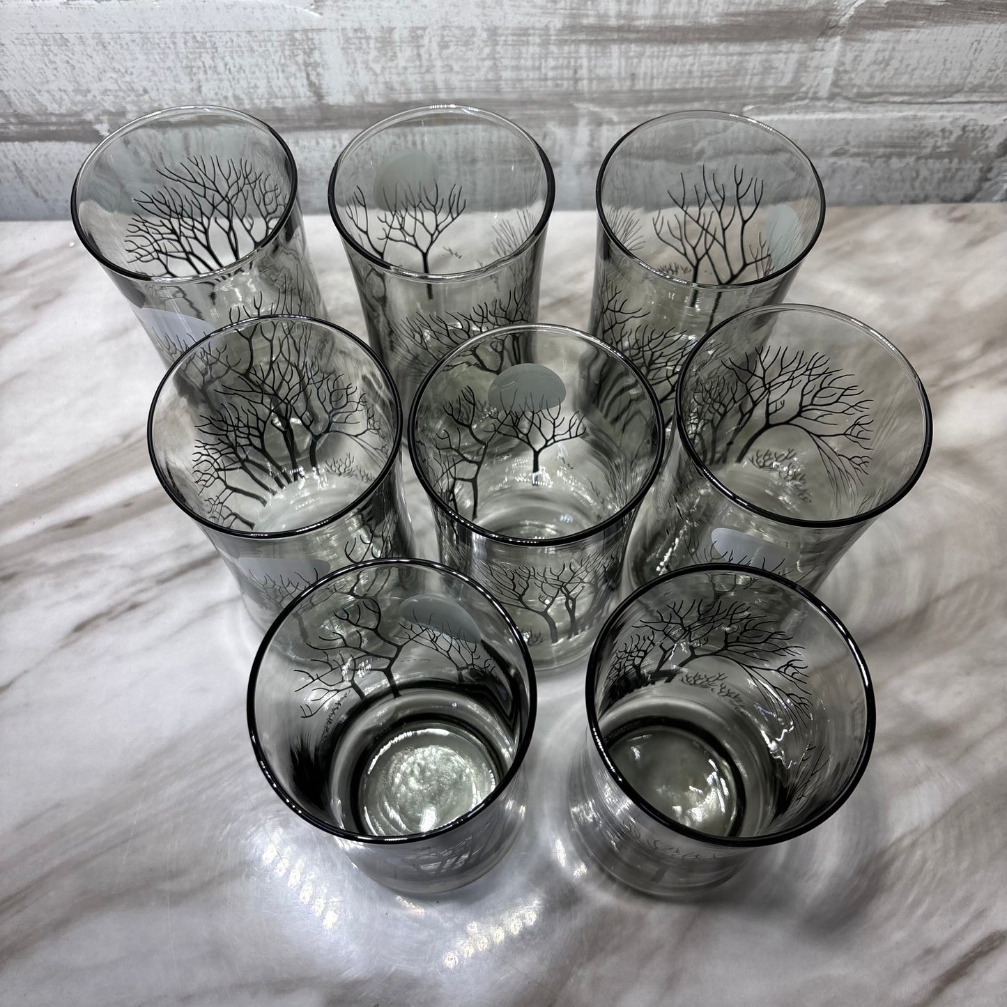 Smoked Gray Black Tree Moon Design Set Of 8 Glasses