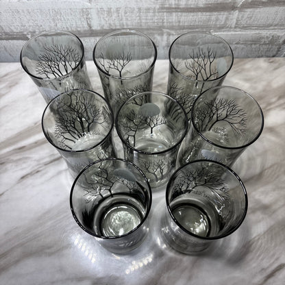 Smoked Gray Black Tree Moon Design Set Of 8 Glasses