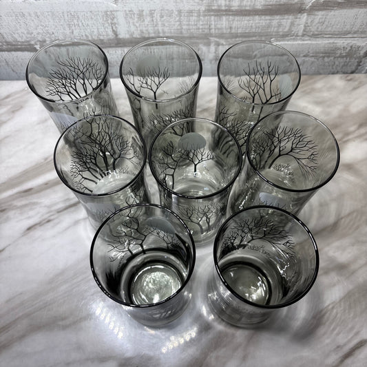 Smoked Gray Black Tree Moon Design Set Of 8 Glasses