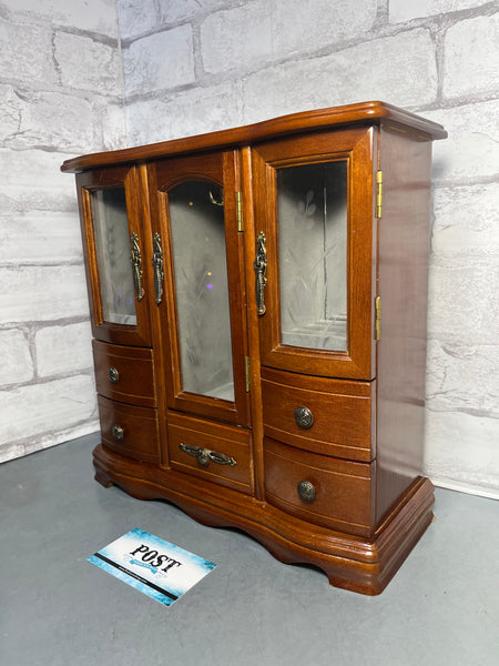 Vintage Wood Jewelry Box Hutch With Glass Doors
