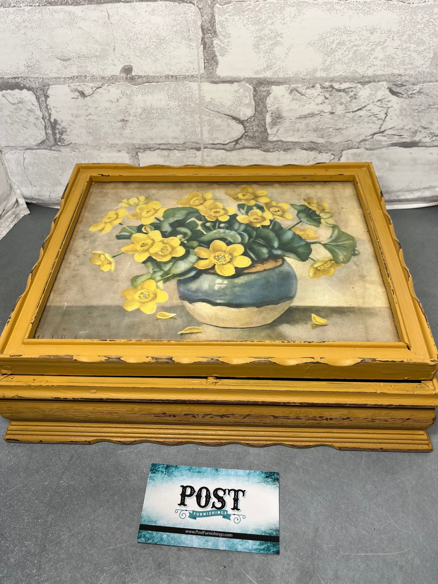 Refurbished Antique Yellow Wooden Floral Jewelry Box