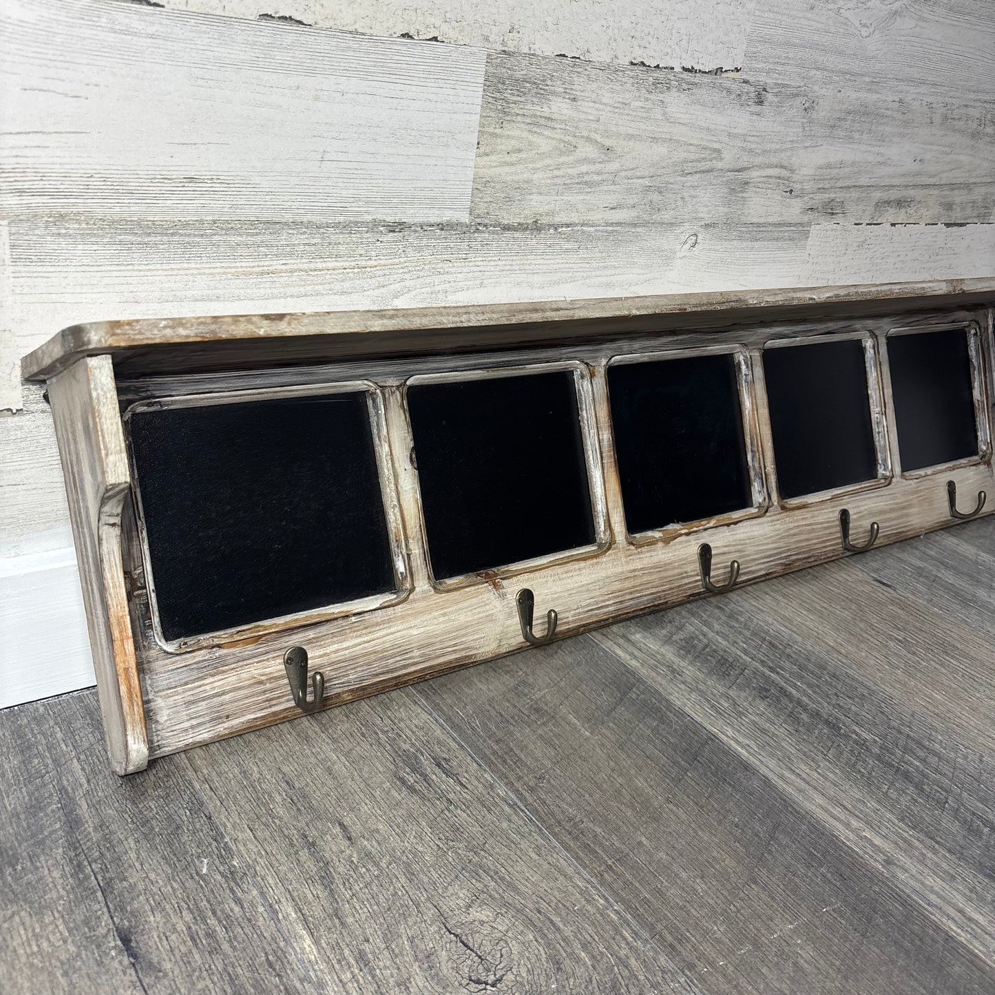 Wooden Shelf With Hooks & Chalkboard