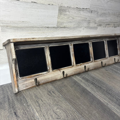 Wooden Shelf With Hooks & Chalkboard