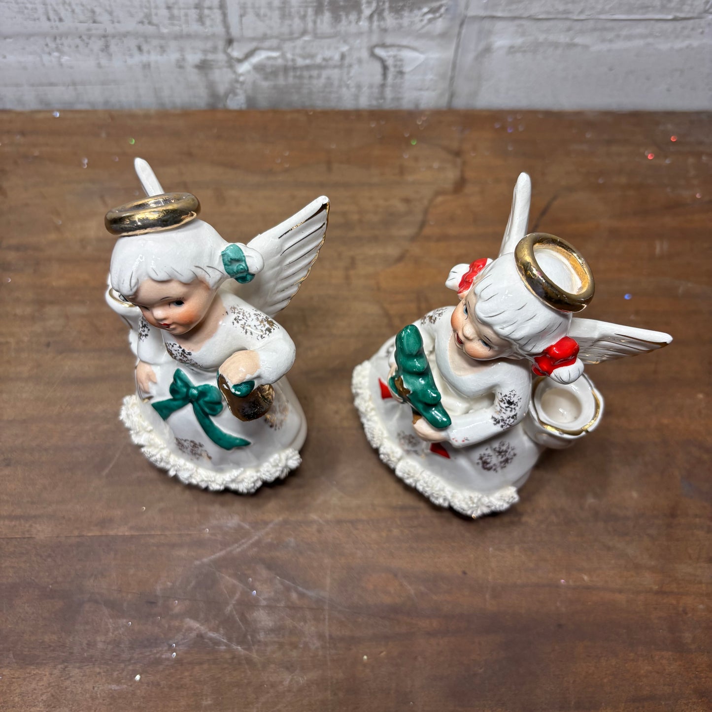 Vintage Ucagco Spaghetti Trim Angel Candle Holder Set