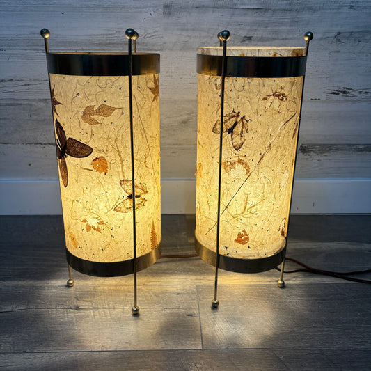 Mid Century Leaf and Butterfly Cylinder Lamp Set of 2
