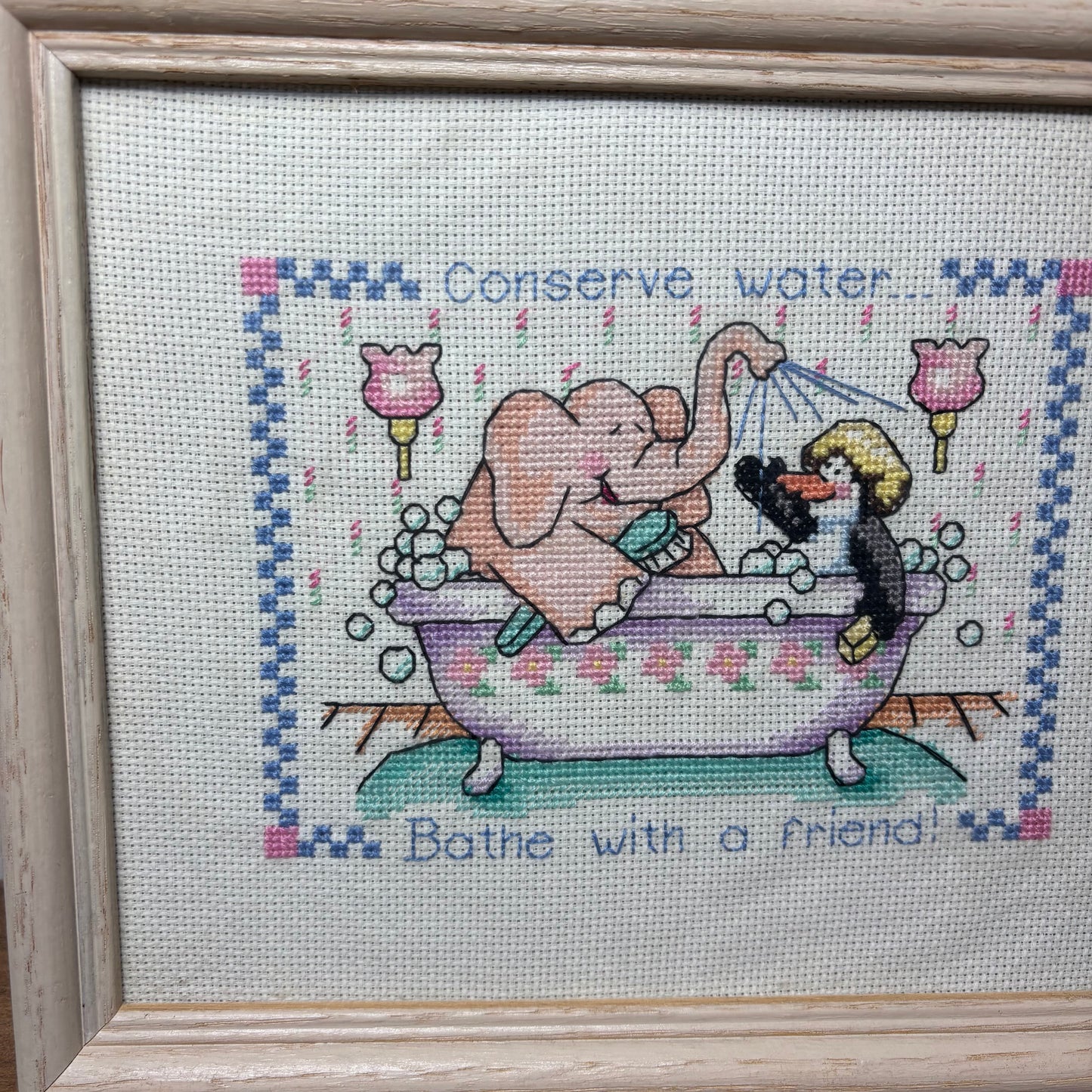 Hand Made Cross Stitched "Bathe with A Friend" Wall Art