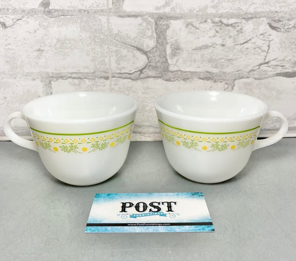 Pyrex Set of 2 Sunshine Floral Green & Yellow Flower Milk Glass Tea Cups