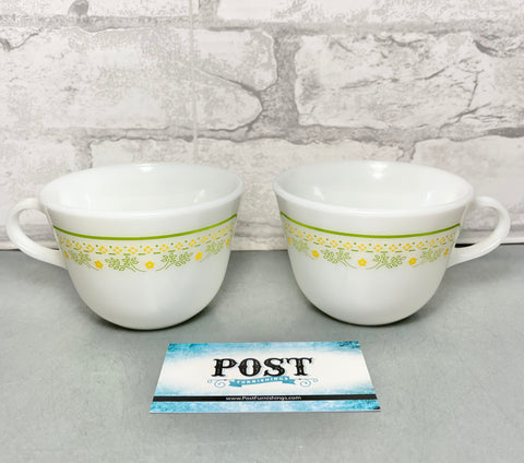 Pyrex Set of 2 Sunshine Floral Green & Yellow Flower Milk Glass Tea Cups