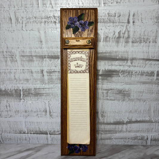 Vintage Wooden Shopping List Notepad Holder with Painted Violets