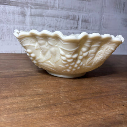 Vintage Imperial Custard Milk Glass Ruffled Crimped Edge Grape & Leaf Pattern Bowl