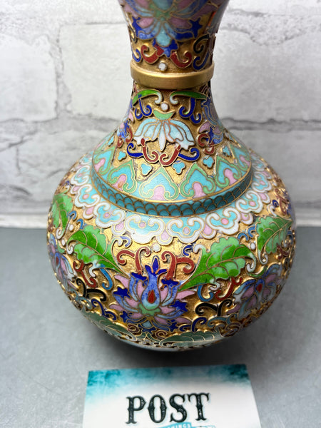 Vintage Chinese Cloisonne Lotus Flowers Vase