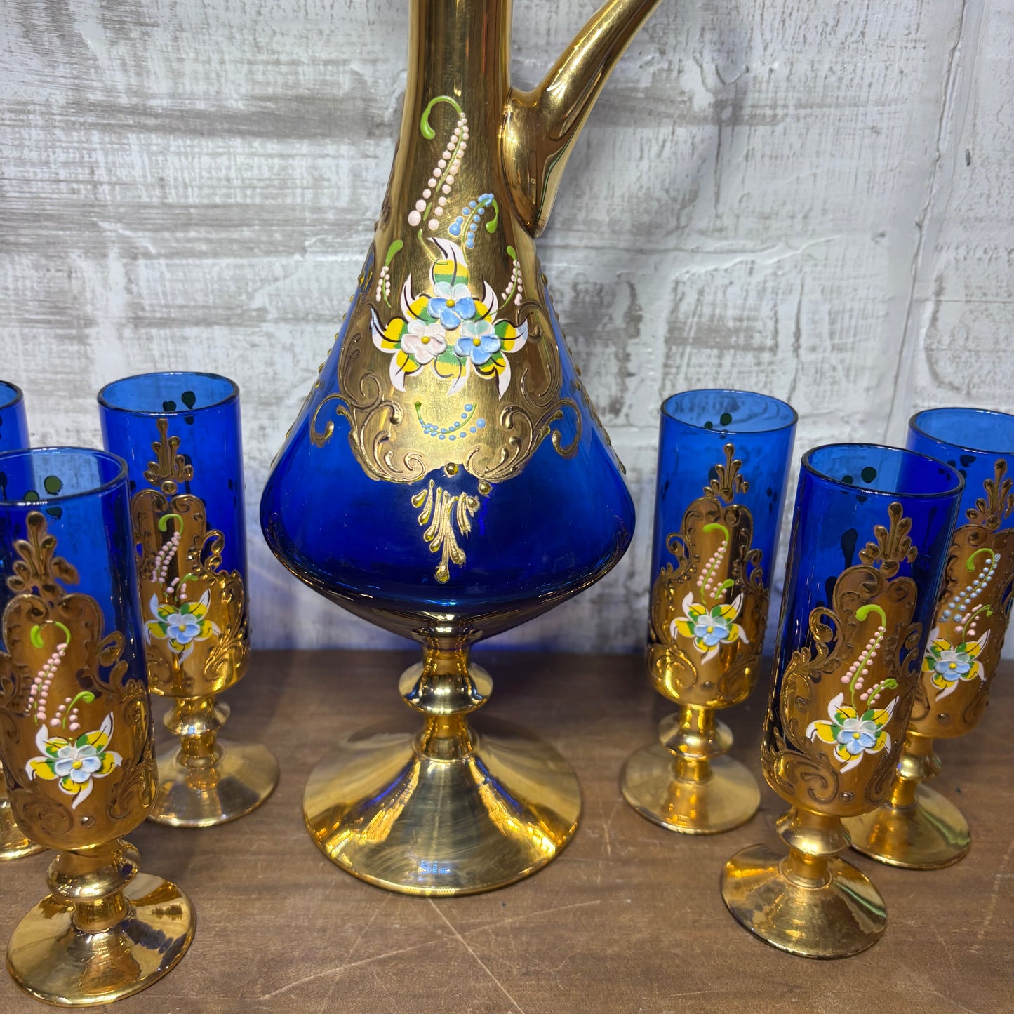 Vintage Venetian Italian Colbalt Blue Hand painted Decanter and Six Glasses
