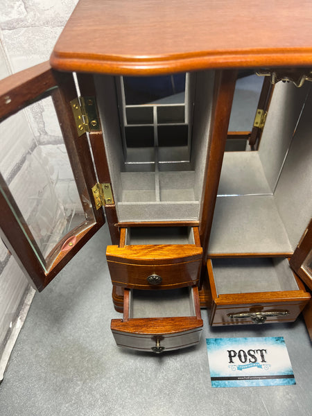 Vintage Wood Jewelry Box Hutch With Glass Doors