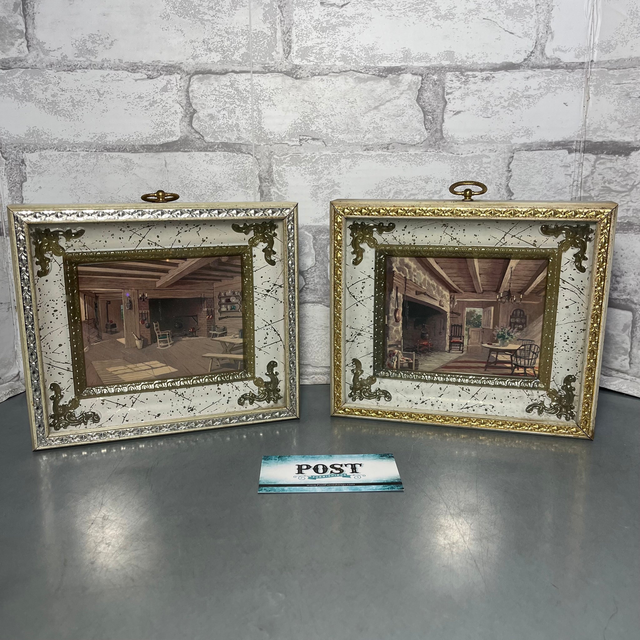 Vintage Foil Art In Shadow Box with Glass Silver And Gold Filigree (Set Of Two)