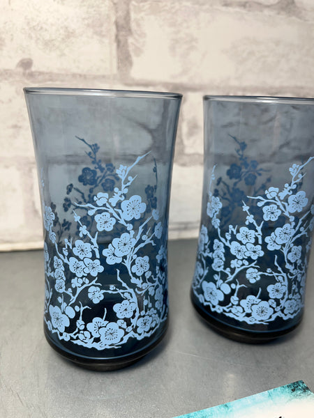 Libbey “Oriental” Blue With Flowers Drinking Glasses Set Of Two