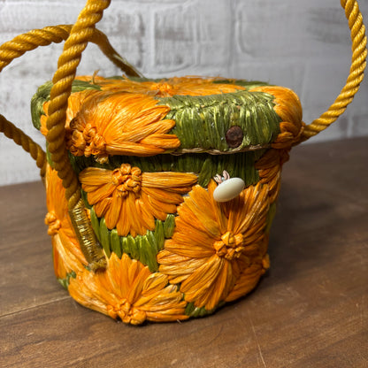 Vintage Orange Flower Raffia Straw Tote Cabana Bag