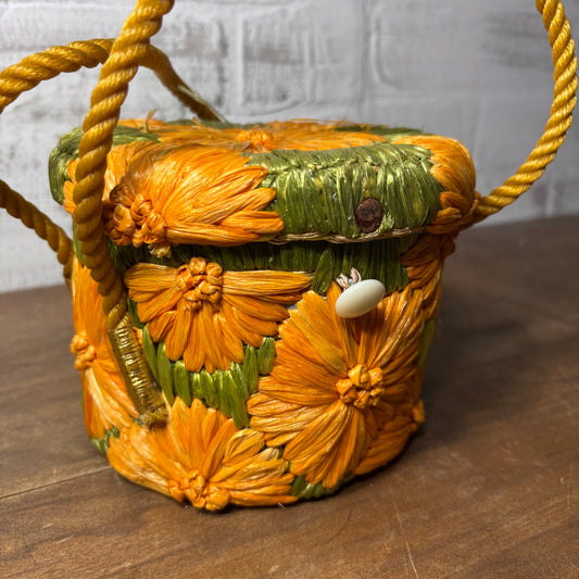 Vintage Orange Flower Raffia Straw Tote Cabana Bag