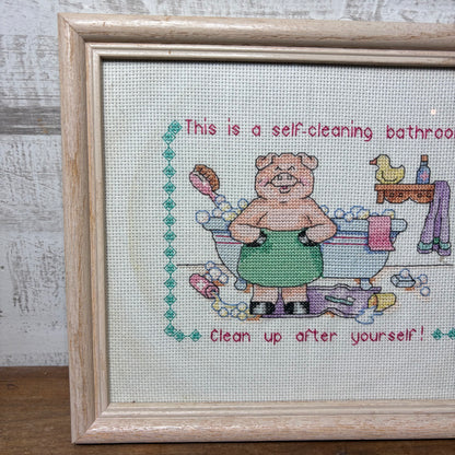 Hand Made Cross Stitched "Self Cleaning Bathroom" Wall Art