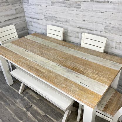 Farmhouse White Dining table, Chairs, & Bench