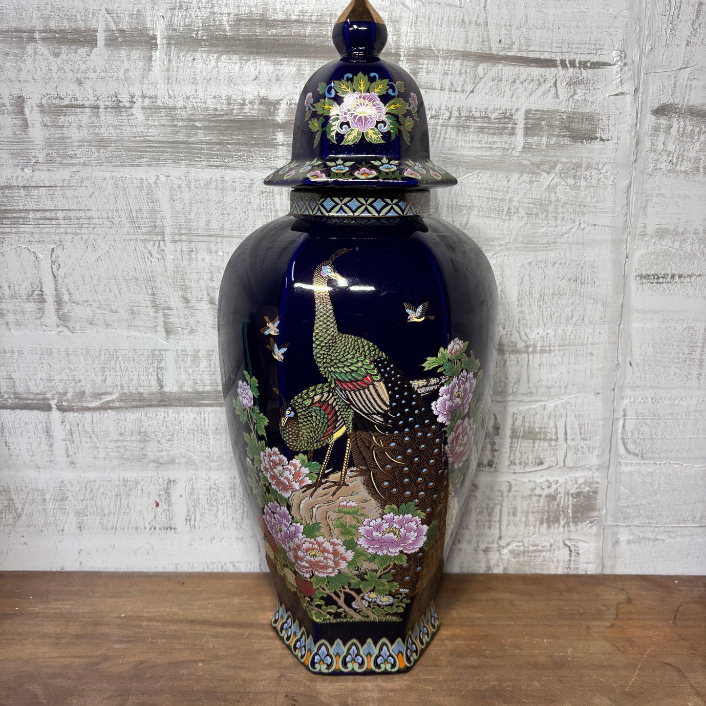 Vintage Japanese Peacock Design Cobalt Blue Vase With Lid
