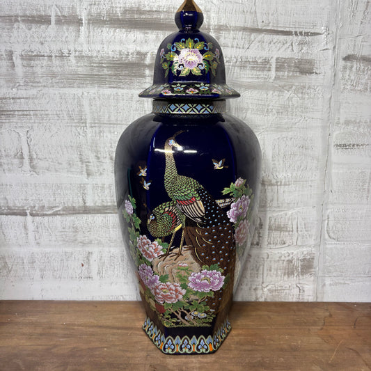 Vintage Japanese Peacock Design Cobalt Blue Vase With Lid