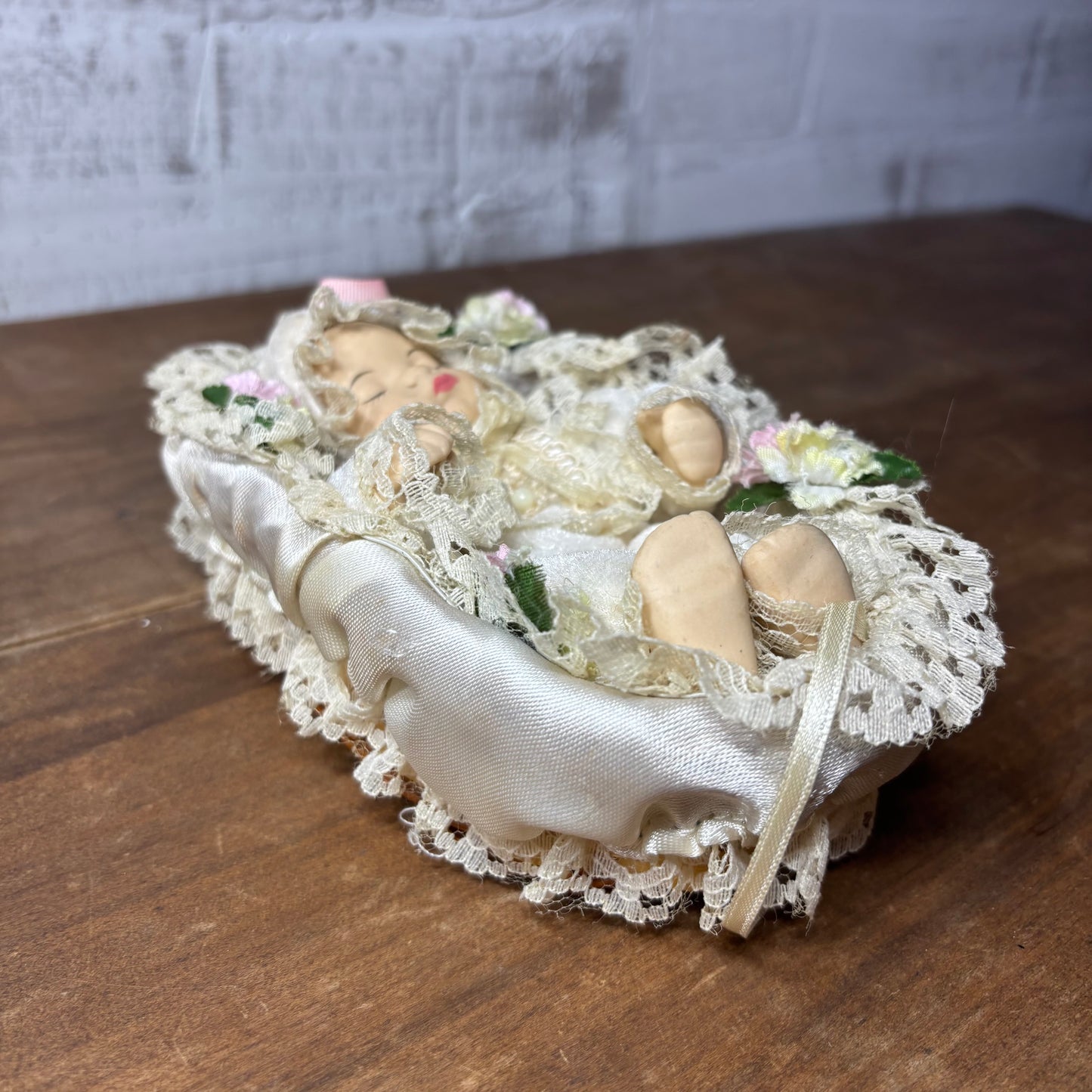 Vintage Porcelain Baby Doll in Bassinet Wicker Crib Basket