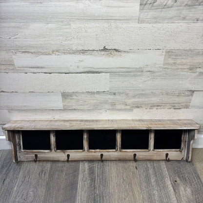 Wooden Shelf With Hooks & Chalkboard