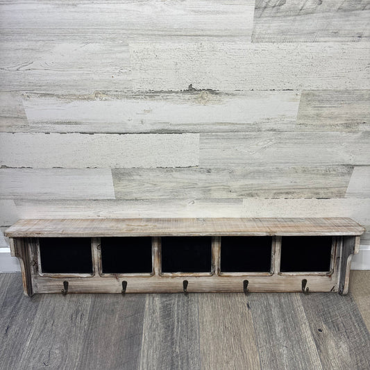 Wooden Shelf With Hooks & Chalkboard