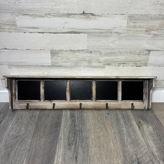 Wooden Shelf With Hooks & Chalkboard