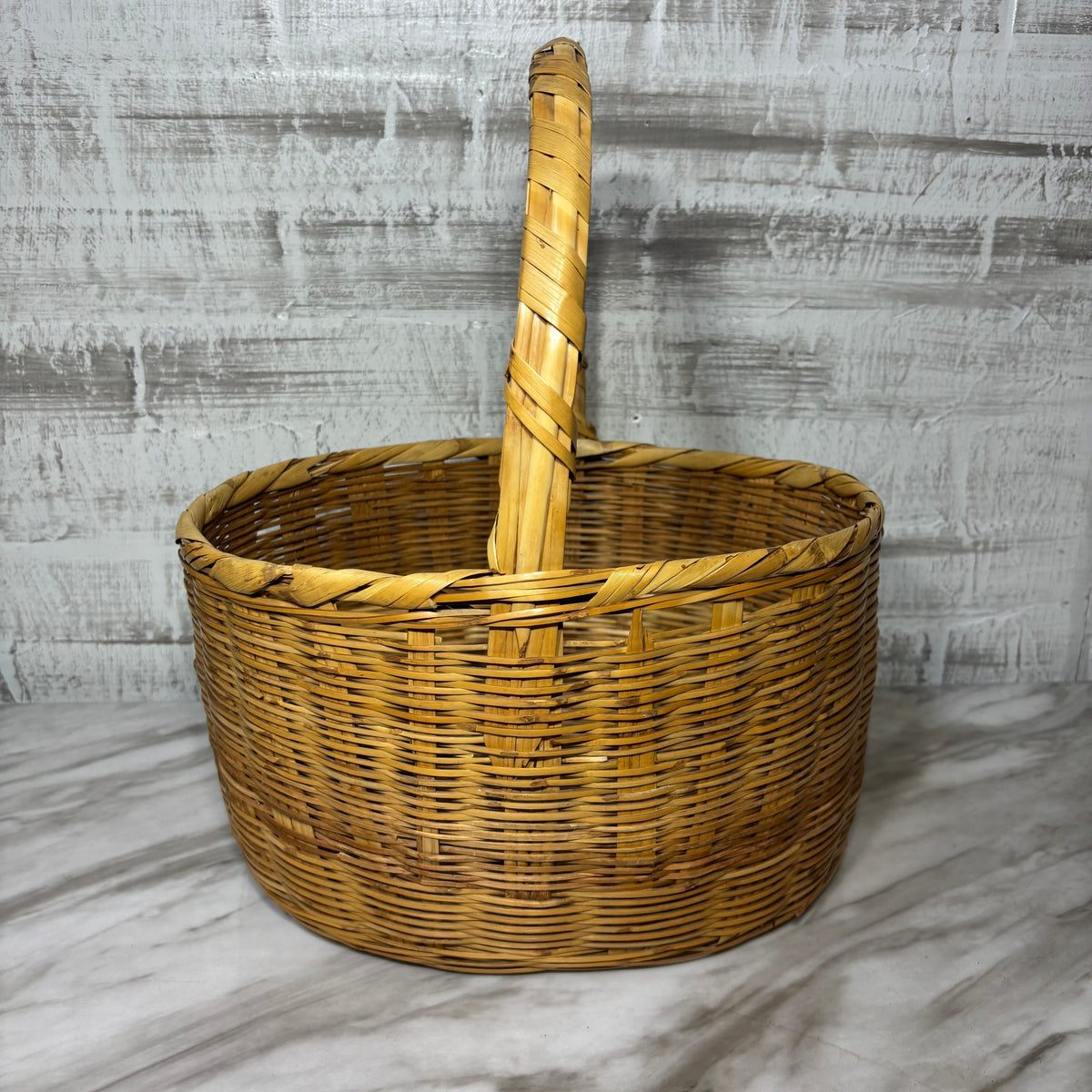 Large Vintage Oval Wicker Rattan Gathering Basket with Handle