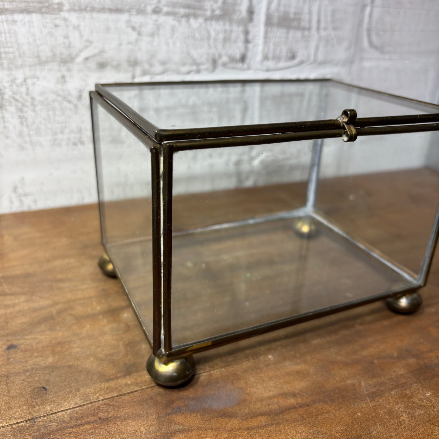 Vintage Brass Glass Jewelry Footed Trinket Box