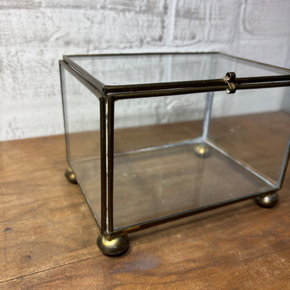 Vintage Brass Glass Jewelry Footed Trinket Box