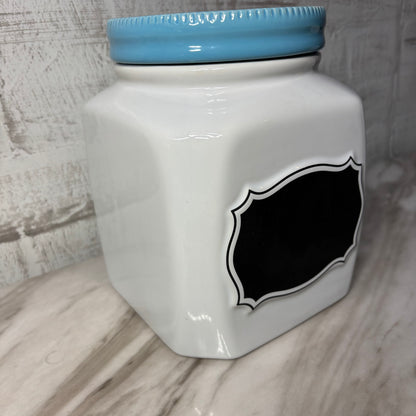 Small White Ceramic Canister W/ Blue Lid Chalkboard Label