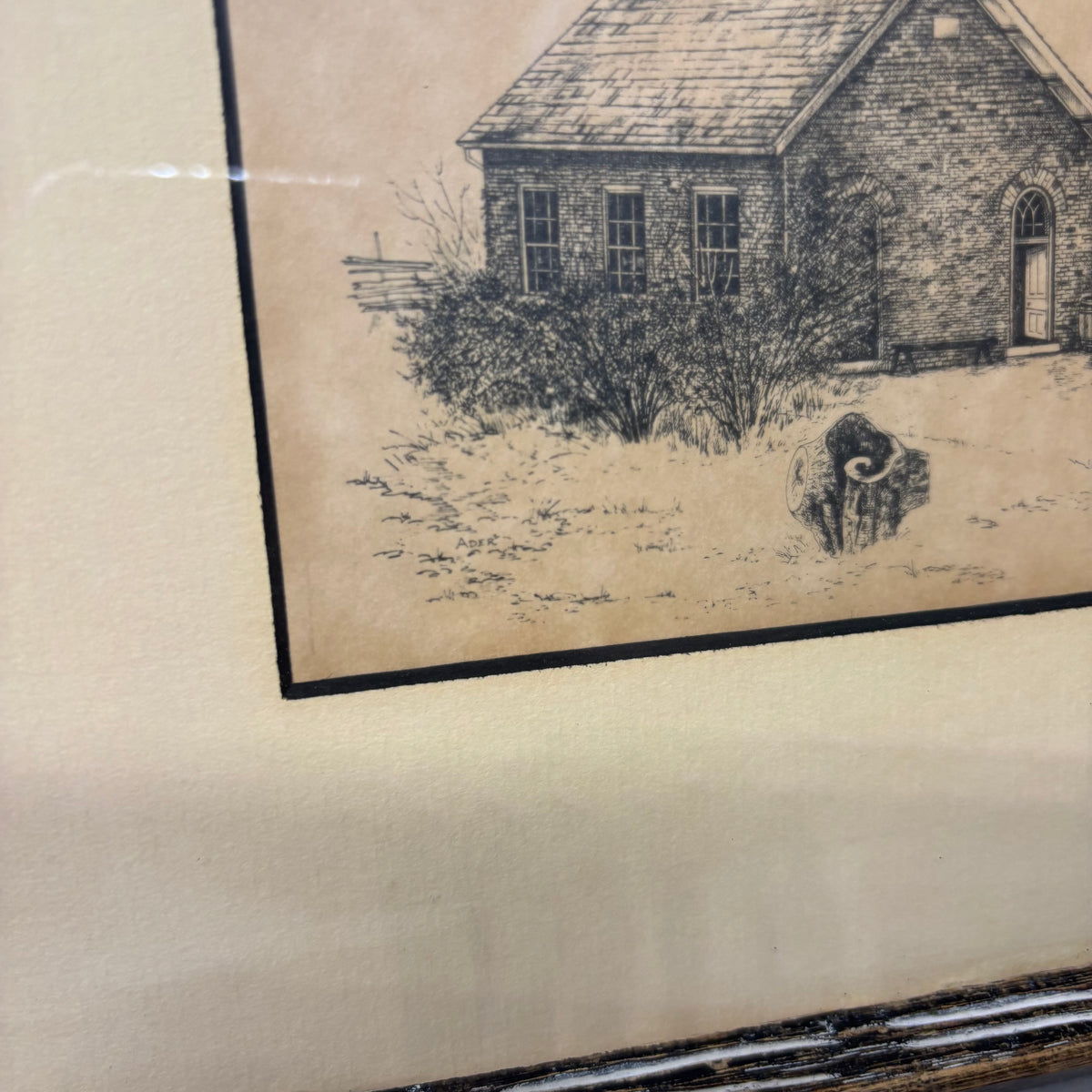 Vintage Schoolhouse Etching By Fine Art Imports Matted Framed Art