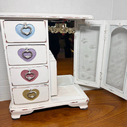 White Wooden Jewelry Box W/ Hearts