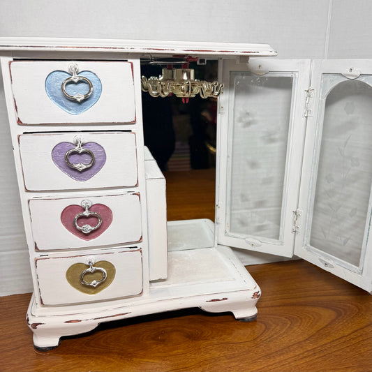 White Wooden Jewelry Box W/ Hearts