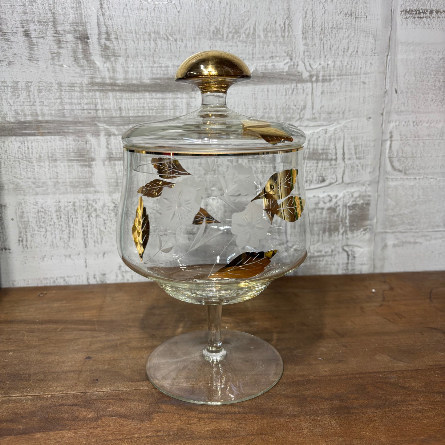Mid Century Gold Leaf Etched Glass Candy Dish