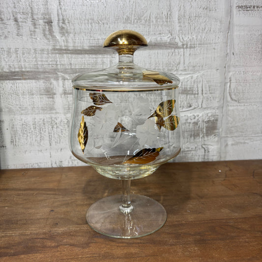 Mid Century Gold Leaf Etched Glass Candy Dish