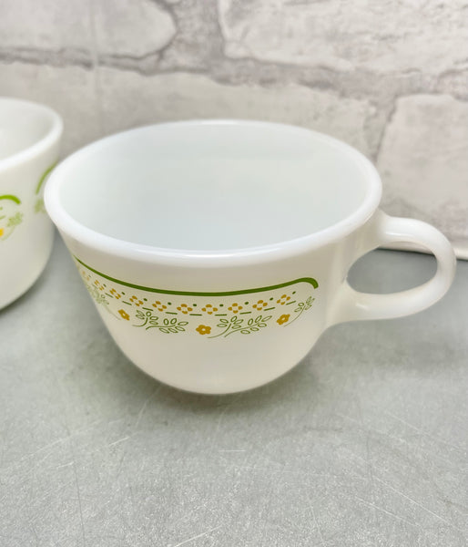 Pyrex Set of 2 Sunshine Floral Green & Yellow Flower Milk Glass Tea Cups