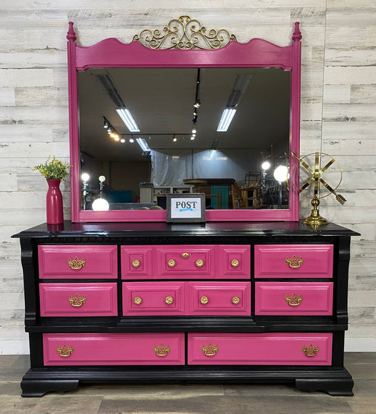 Hot Pink & Black Dresser W/ Mirror