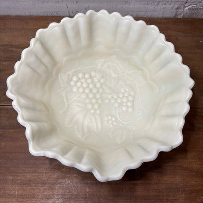 Vintage Imperial Custard Milk Glass Ruffled Crimped Edge Grape & Leaf Pattern Bowl