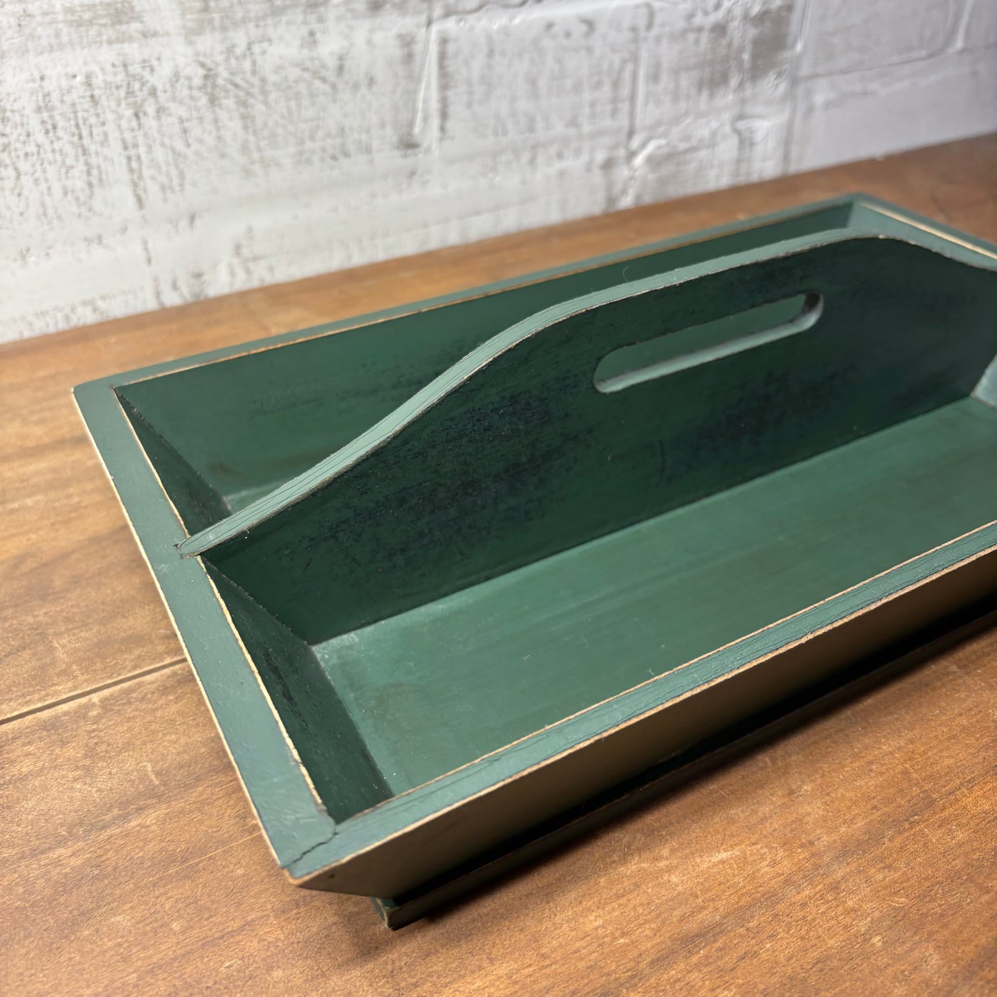 Rustic Green Wooden Serving Tray with Handle Cutout