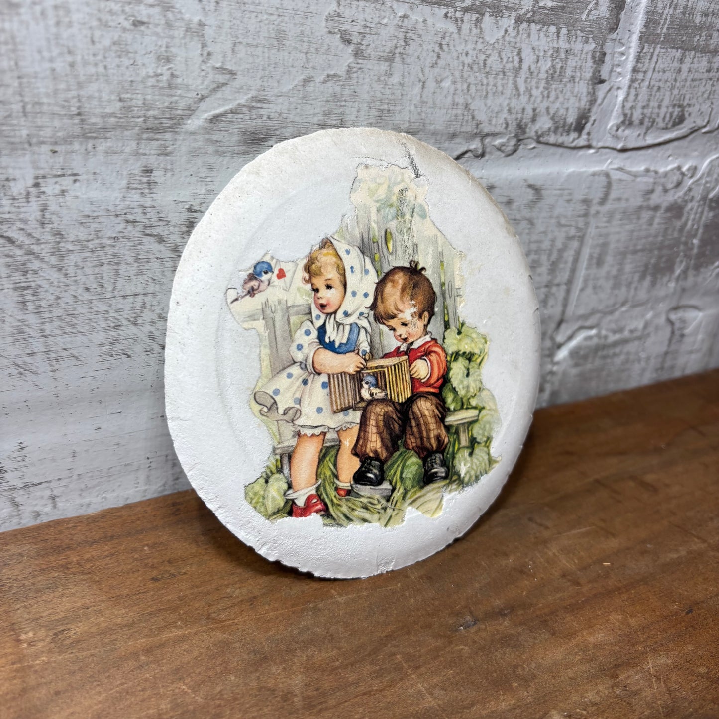 Vintage Nursery “Children With Birdcage” Wall Plaque